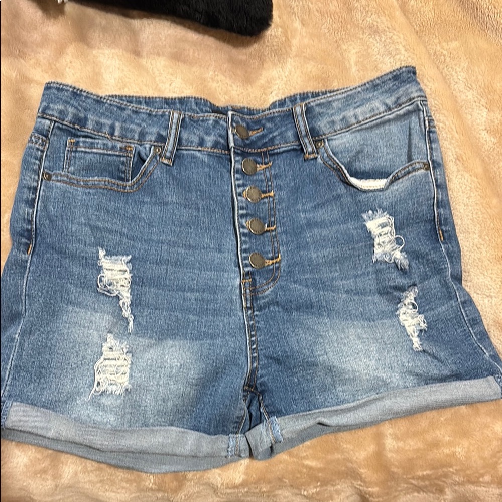 Blue Jean Shorts with Distressed Details and Cuffed Hems